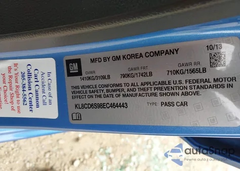 2014 Chevrolet Spark 1Lt Auto z USA, uszkodzony, nr VIN KL8CD6S98EC464443